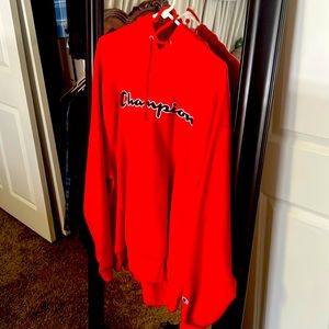 Red double X champion hoodie. Never worn. Too big